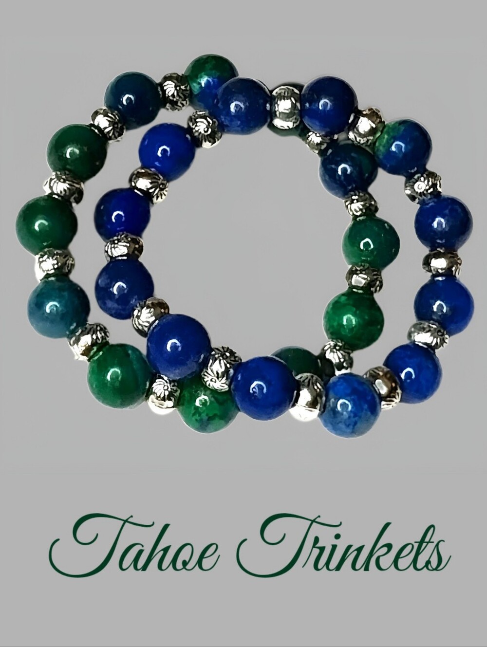 Matching Pair of Two Blue and Green Azurite Gemstone Beaded Stretch Bracelets